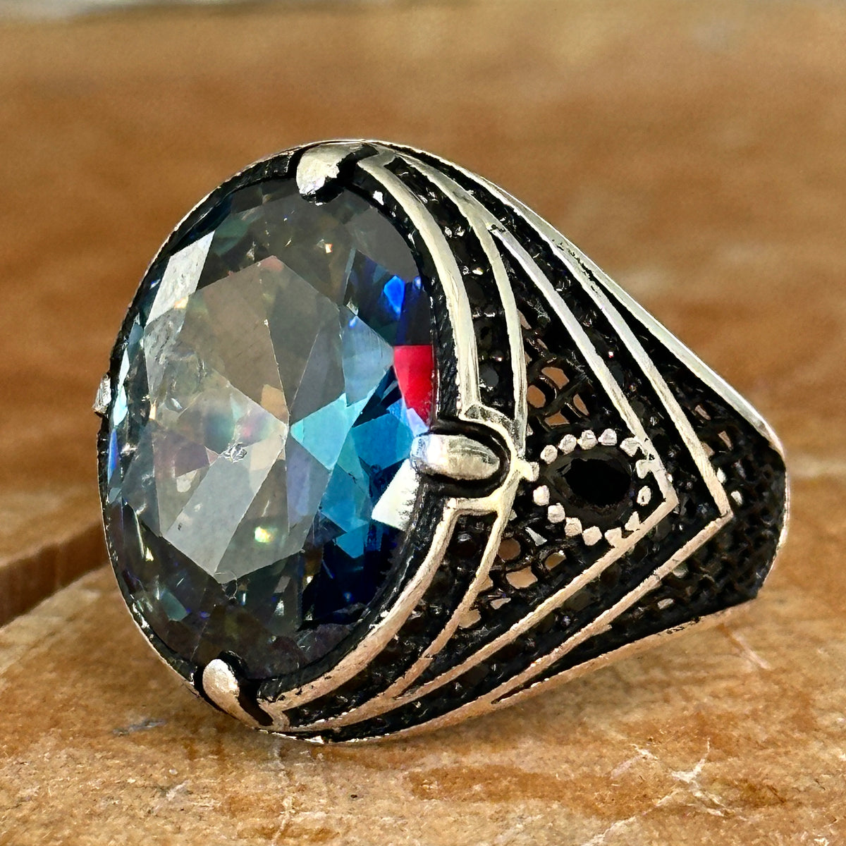 Men Handmade Oval Mystic Topaz Men Ring