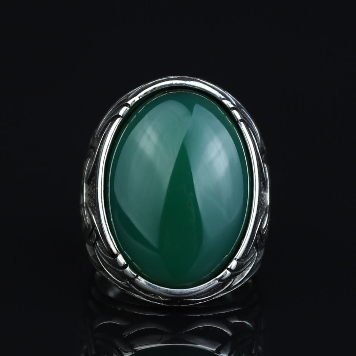 Men Silver Jade Stone Ring, Large Natural Jade Style Engraved Ring, Men Silver Ring, Turkish Handmade Sterling Silver Ring, Gift For Him