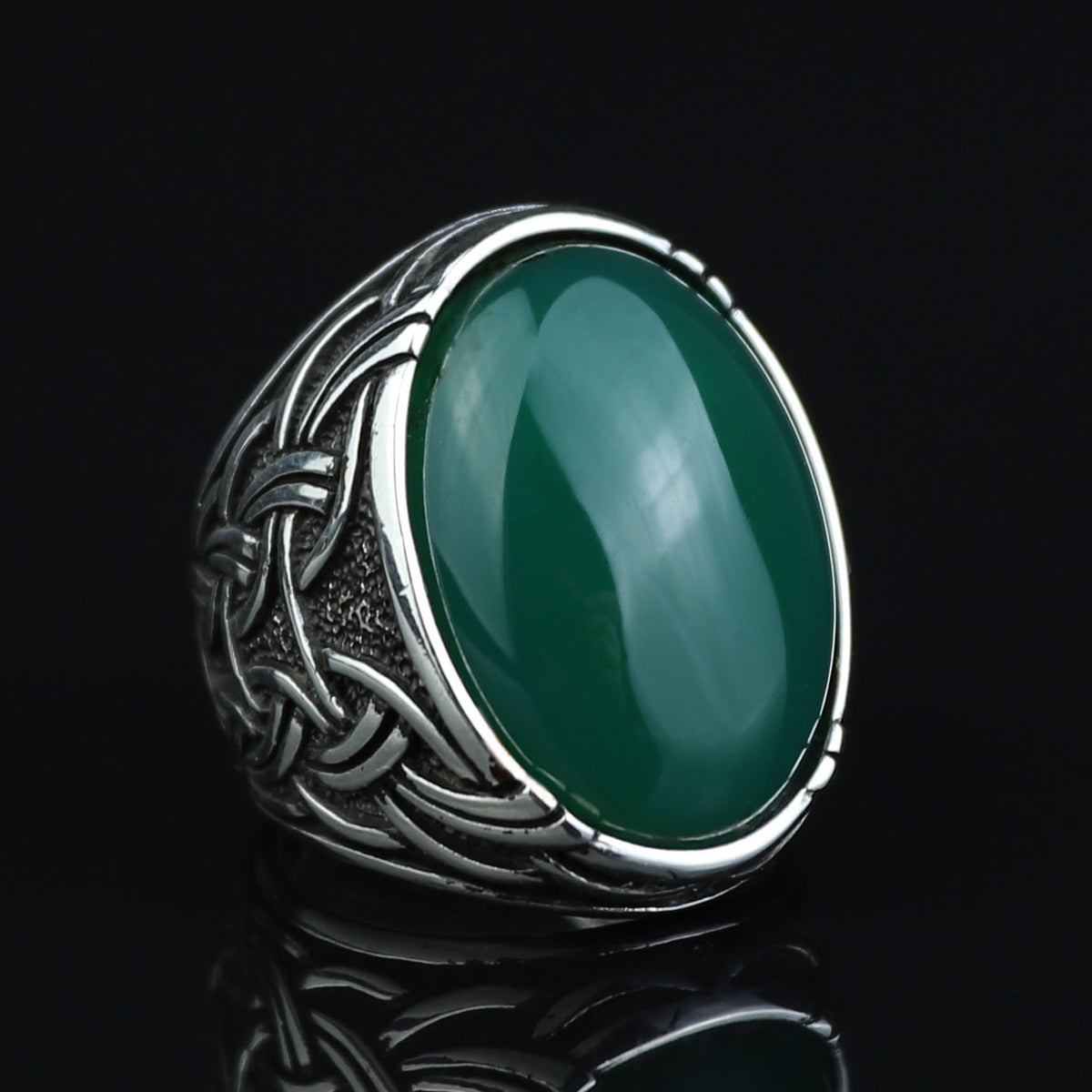 Men Silver Jade Stone Ring, Large Natural Jade Style Engraved Ring, Men Silver Ring, Turkish Handmade Sterling Silver Ring, Gift For Him