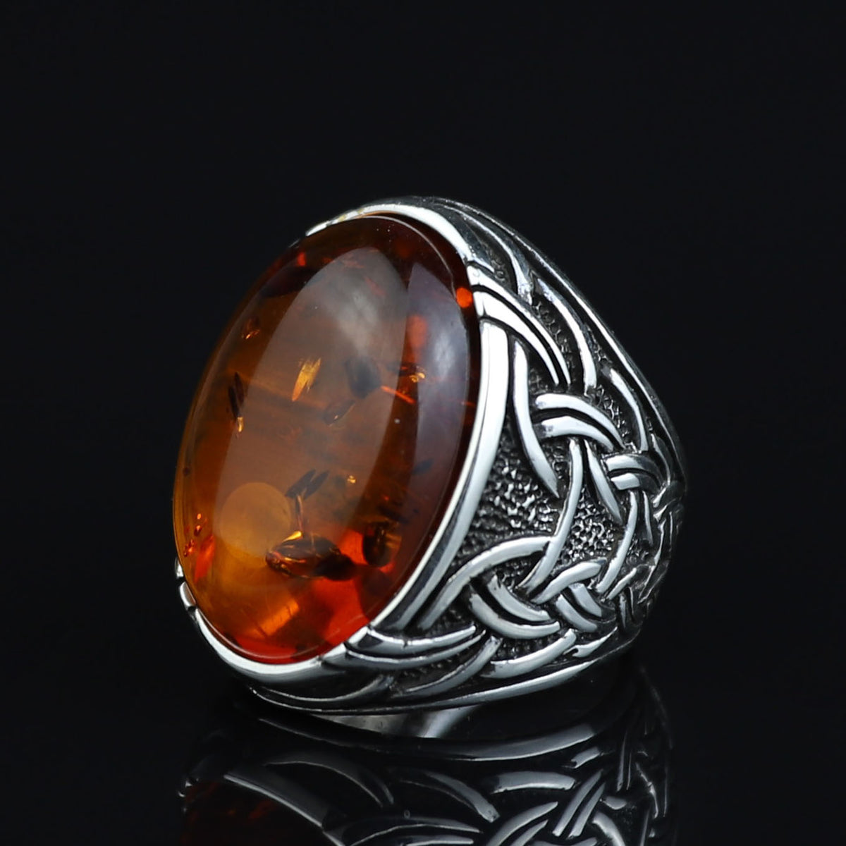Silver Natural Baltic Orange Amber Ring , Engraved Ring, Gemstone Ring , Father Day Gift, Men Ottoman Style Handmade Ring , 925k Sterling Silver