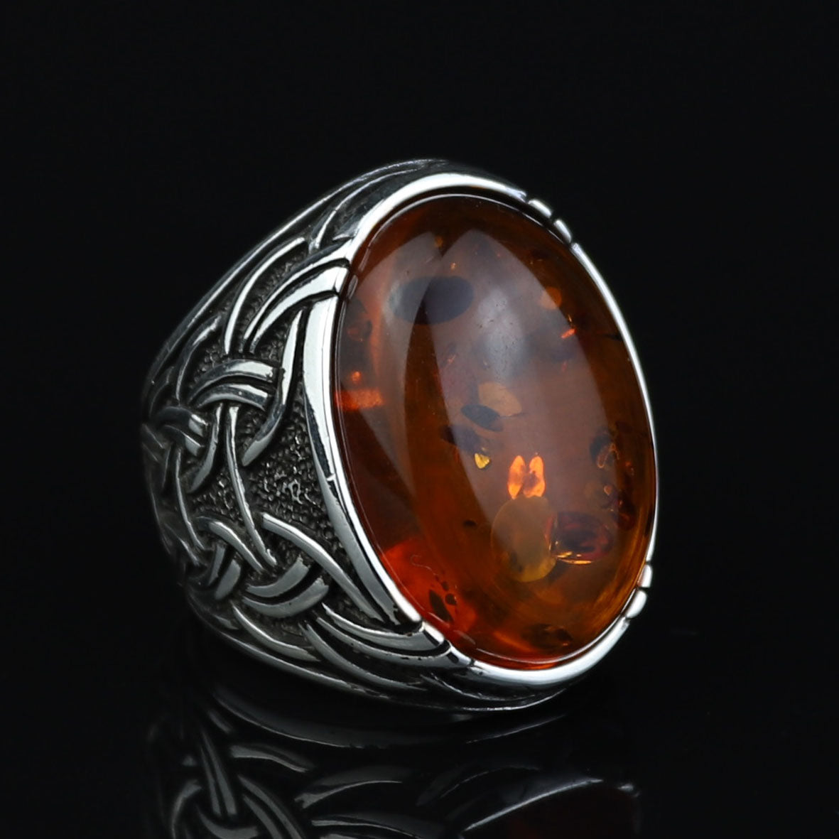 Silver Natural Baltic Orange Amber Ring , Engraved Ring, Gemstone Ring , Father Day Gift, Men Ottoman Style Handmade Ring , 925k Sterling Silver