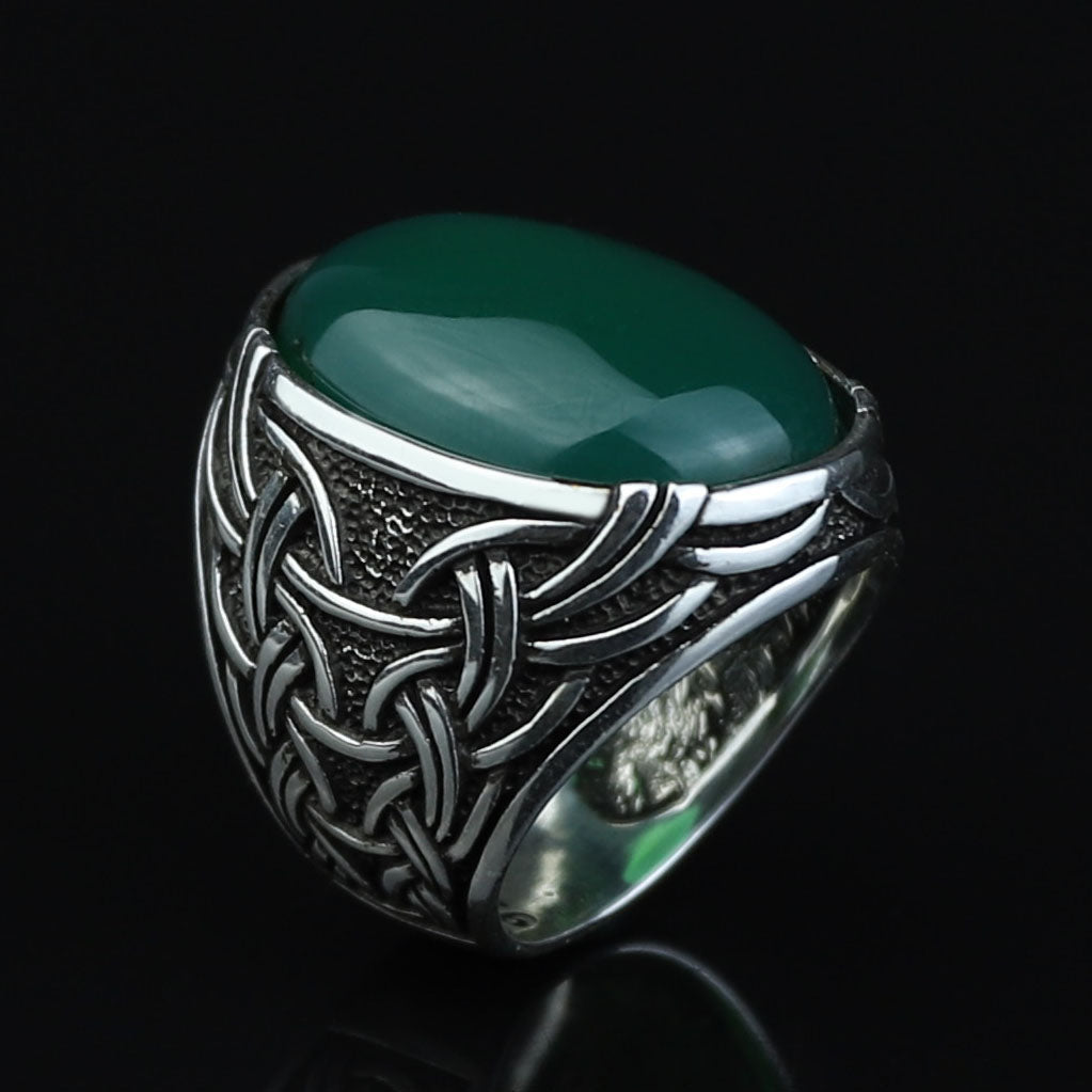 Men Silver Jade Stone Ring, Large Natural Jade Style Engraved Ring, Men Silver Ring, Turkish Handmade Sterling Silver Ring, Gift For Him