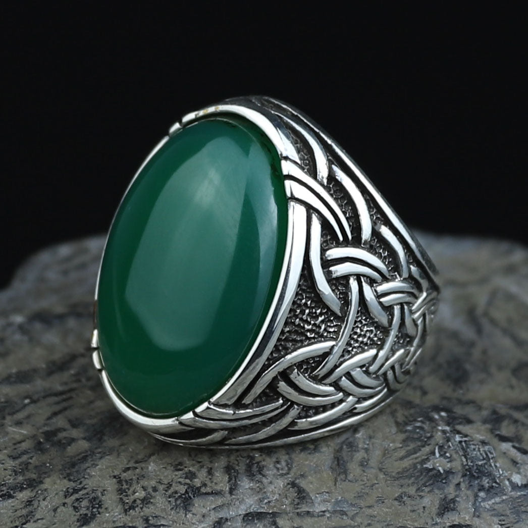 Men Silver Jade Stone Ring, Large Natural Jade Style Engraved Ring, Men Silver Ring, Turkish Handmade Sterling Silver Ring, Gift For Him