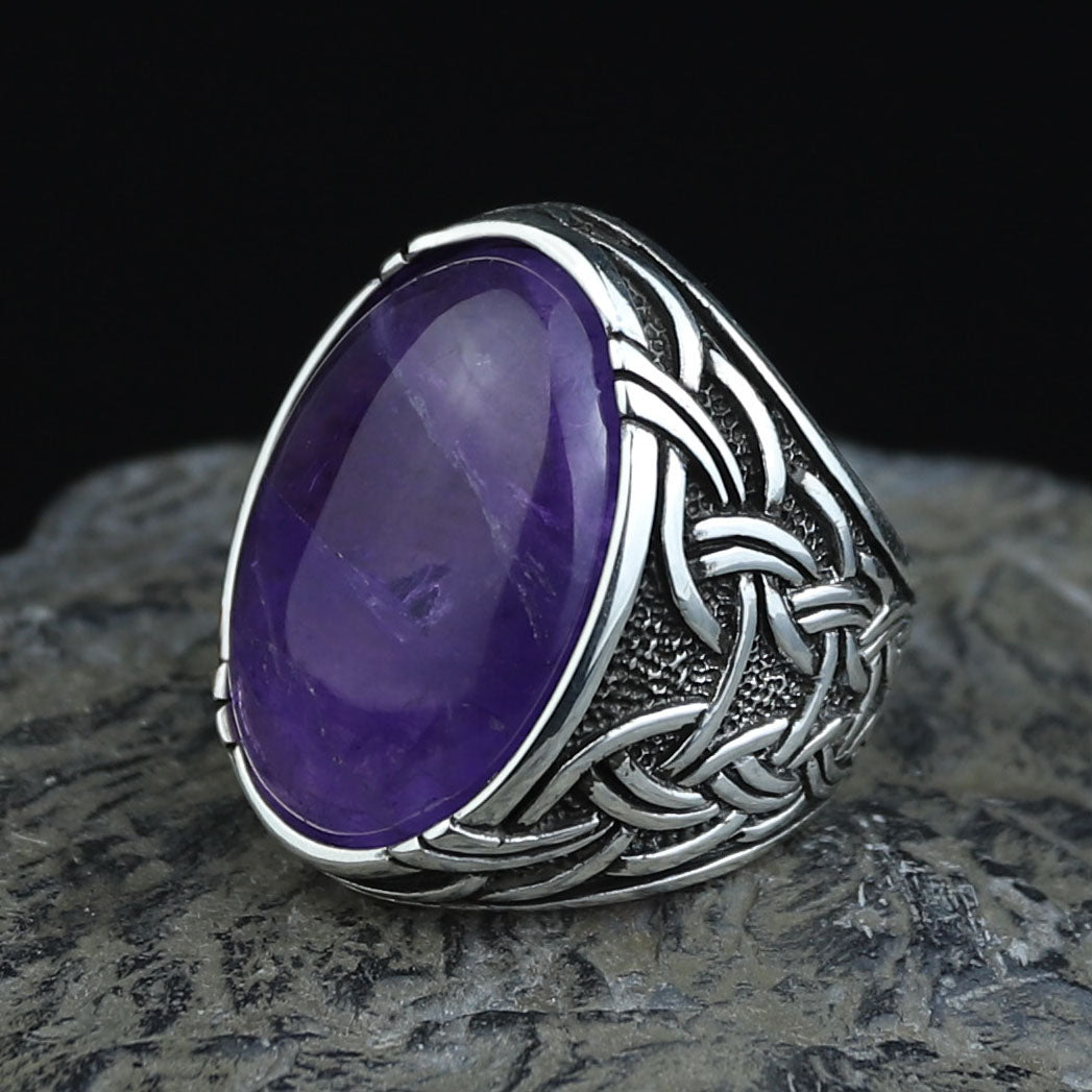Men Natural Amethyst Silver Ring, Handmade Amethyst Ring, Engraved Silver Amethyst Ring, Men Jewelry Ring, Ottoman Style Ring, Gift For Men