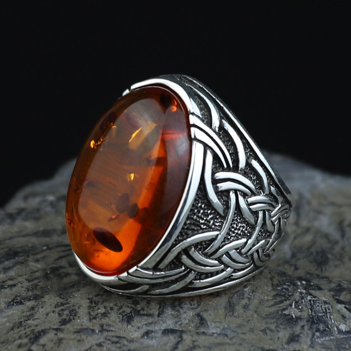 Silver Natural Baltic Orange Amber Ring , Engraved Ring, Gemstone Ring , Father Day Gift, Men Ottoman Style Handmade Ring , 925k Sterling Silver