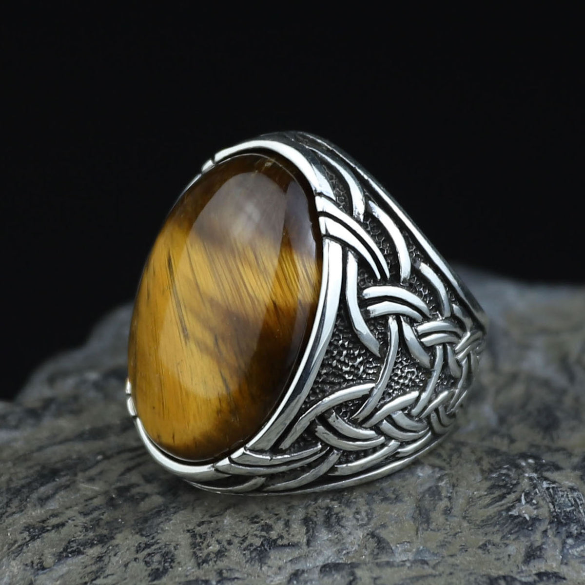 Men Handmade Tiger Eye Ring, Large Engraved Men Ring, Natural Tiger Eye Gemstone Ring, Turkish Handmade 925k Sterling Silver Ring