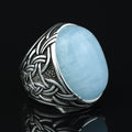 Men Silver Aquamarine Stone Ring, Engraved Natural Aquamarine Stone Ring , Engraved Vintage Men Ring, Turkish Men Ring