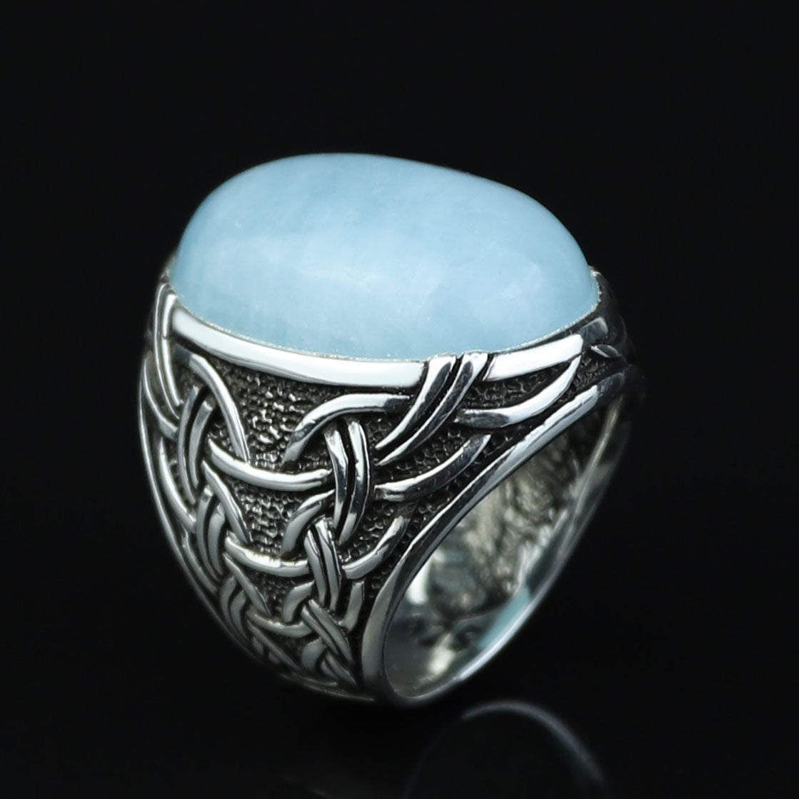 Men Silver Aquamarine Stone Ring, Engraved Natural Aquamarine Stone Ring , Engraved Vintage Men Ring, Turkish Men Ring