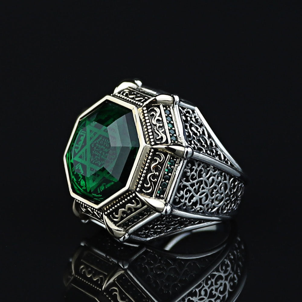 925 Silver Seal Of Solomon Emerald Stone Star Of David Ring