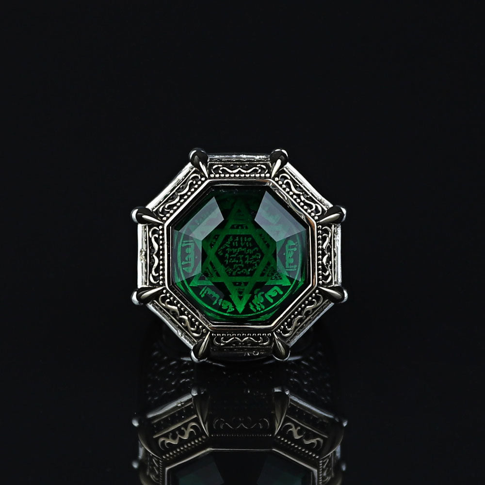 925 Silver Seal Of Solomon Emerald Stone Star Of David Ring
