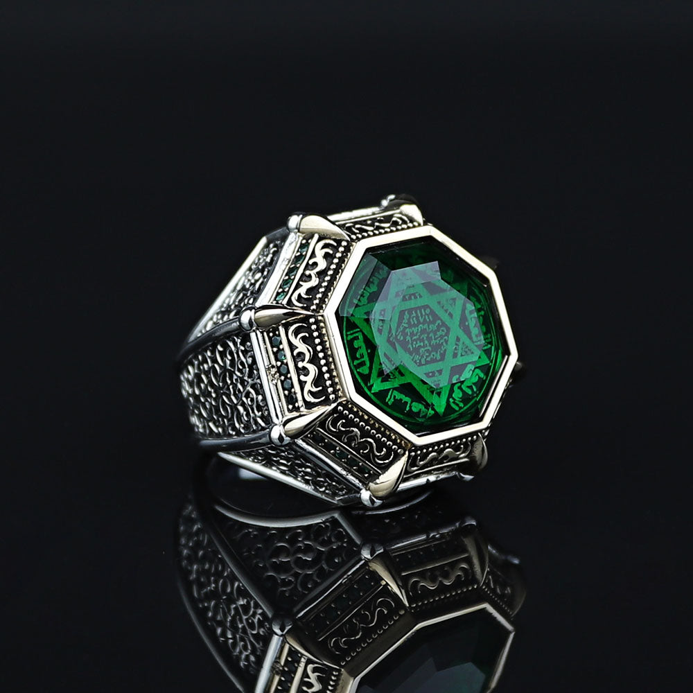 925 Silver Seal Of Solomon Emerald Stone Star Of David Ring