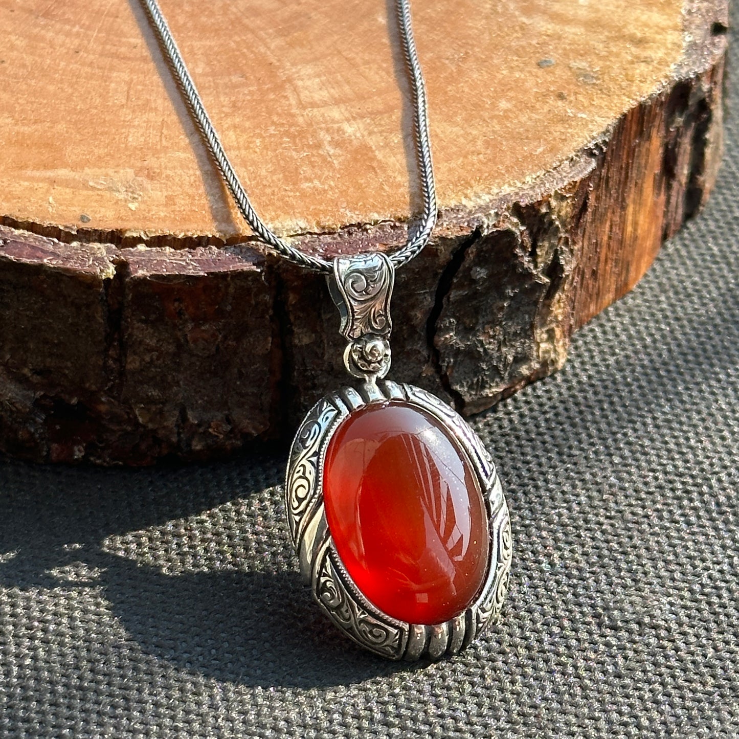 Silver Red Carnelian Agate Engraved Necklace