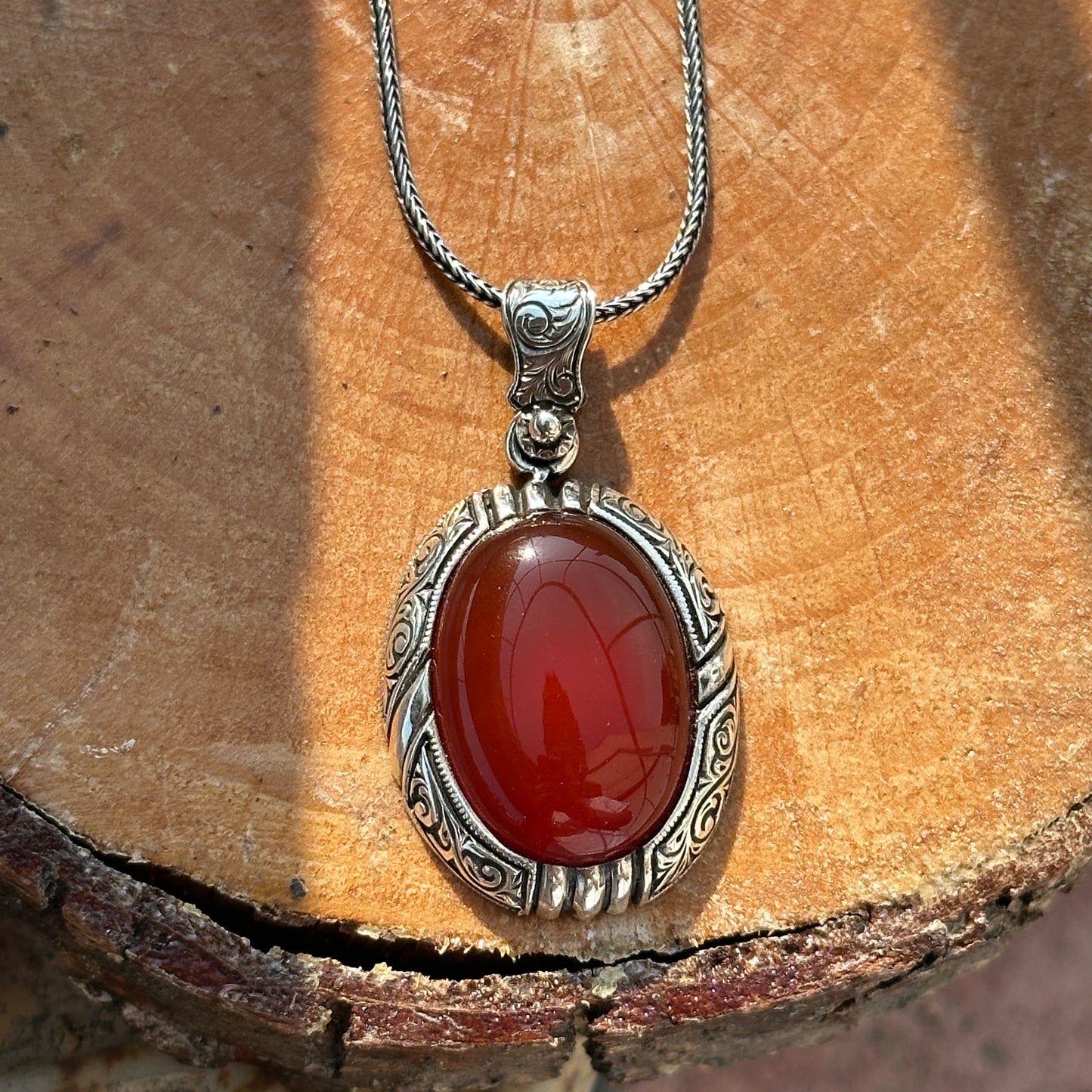 Silver Red Carnelian Agate Engraved Necklace