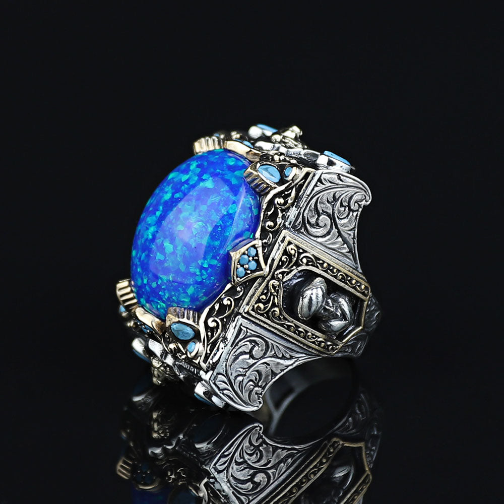 925 Silver Turkish Handmade Blue Opal Gemstone Guardian Figured Ring