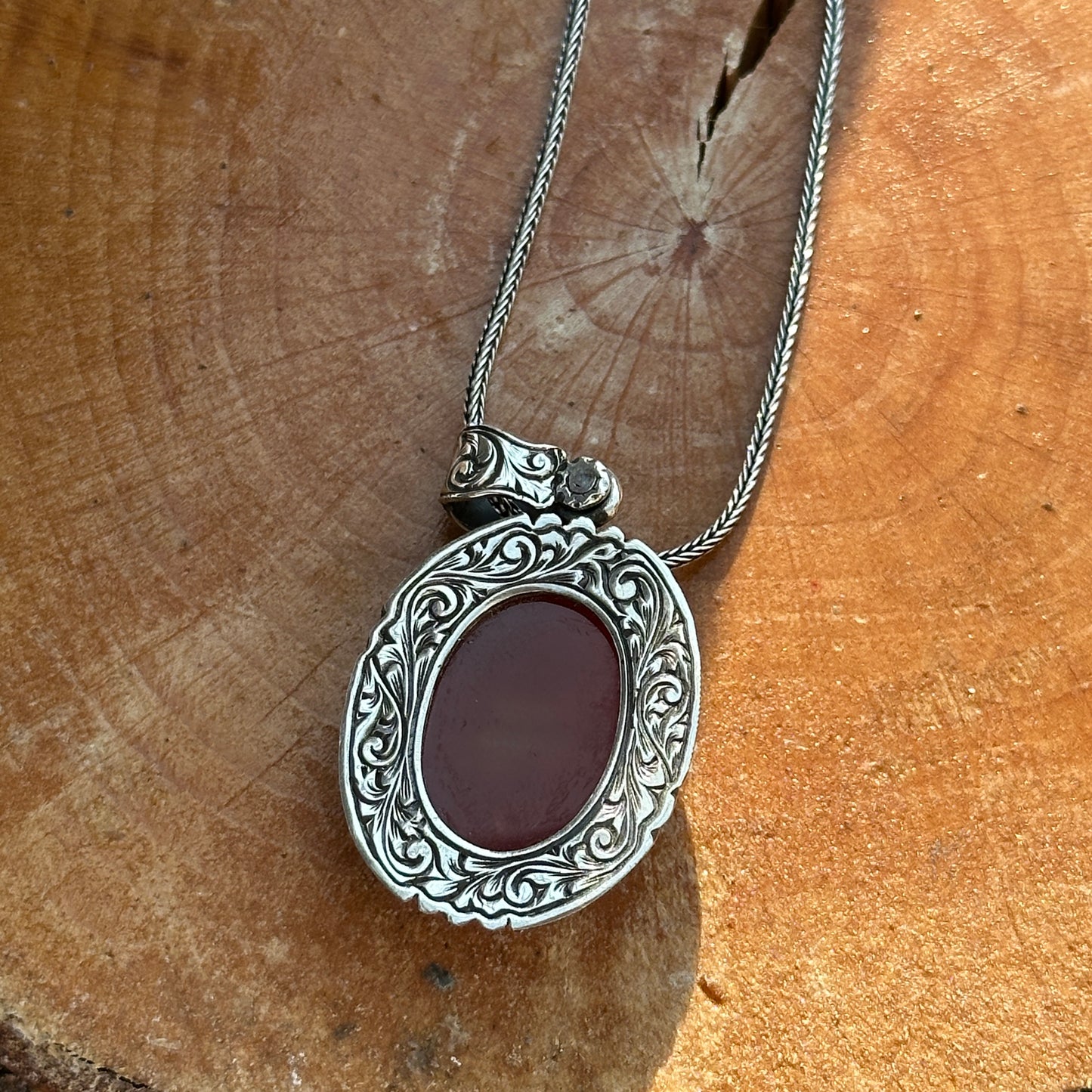 Silver Red Carnelian Agate Engraved Necklace