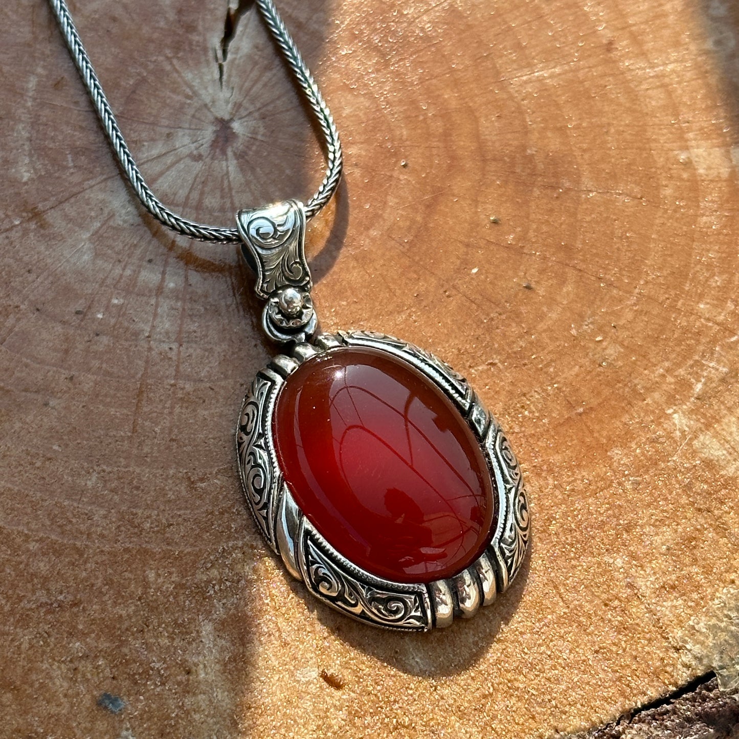 Silver Red Carnelian Agate Engraved Necklace