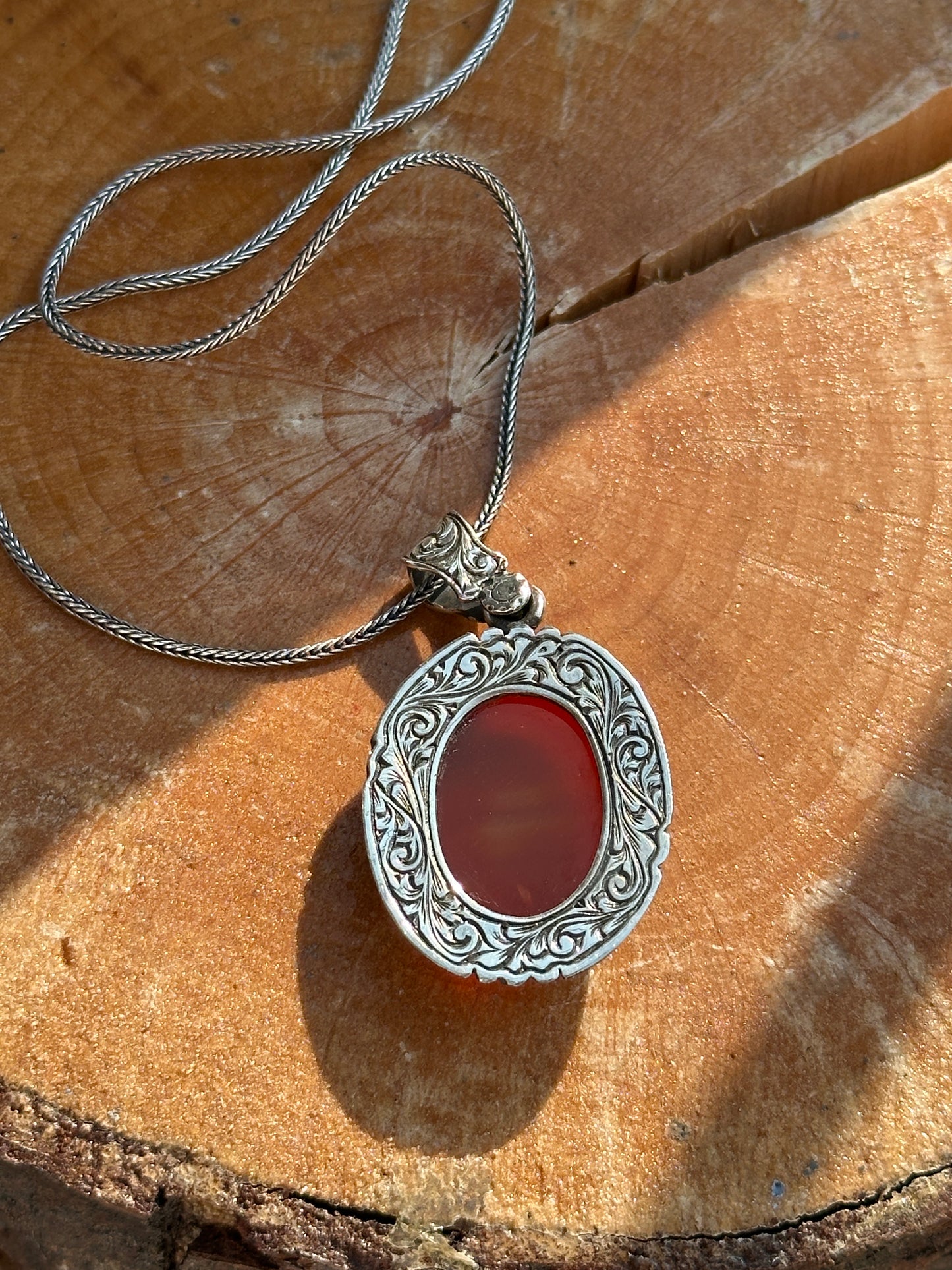 Silver Red Carnelian Agate Engraved Necklace