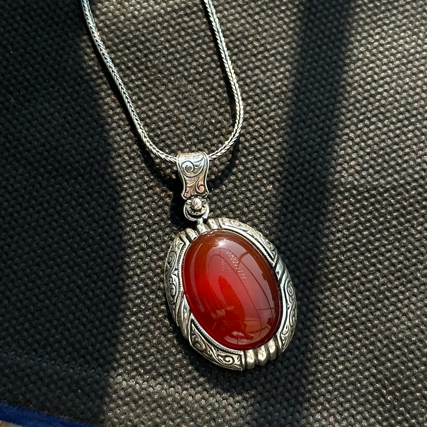 Silver Red Carnelian Agate Engraved Necklace