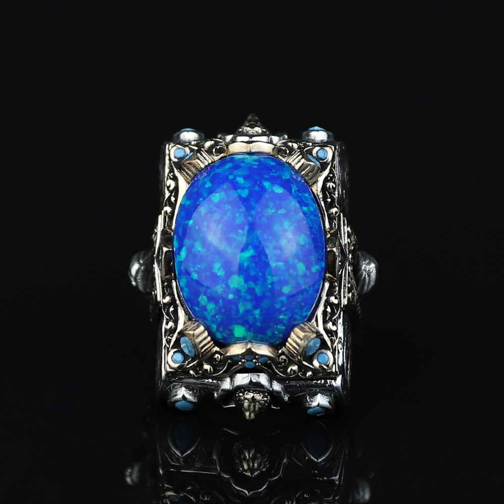 925 Silver Turkish Handmade Blue Opal Gemstone Guardian Figured Ring
