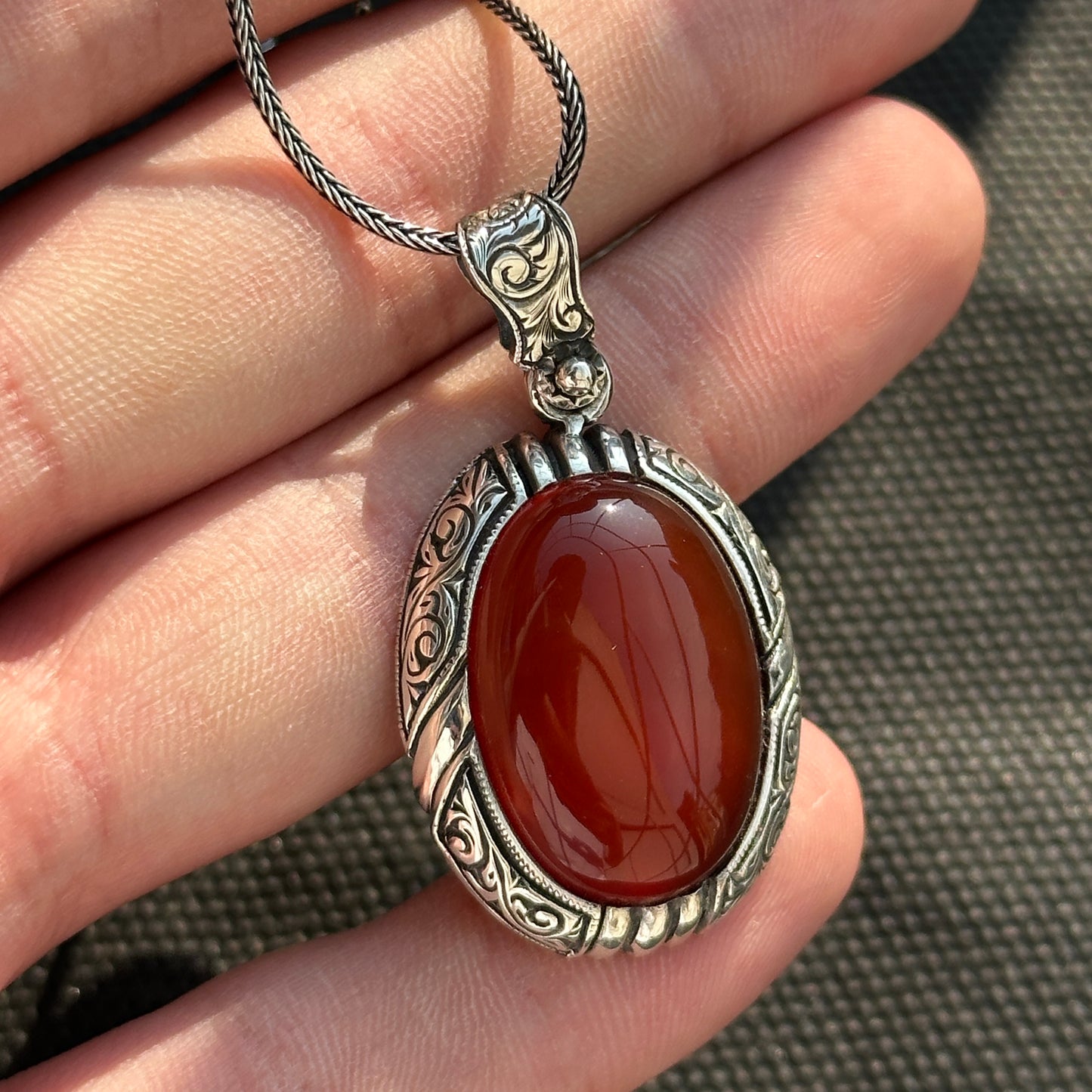 Silver Red Carnelian Agate Engraved Necklace