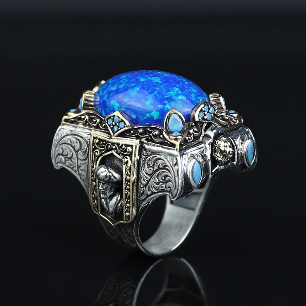 925 Silver Turkish Handmade Blue Opal Gemstone Guardian Figured Ring