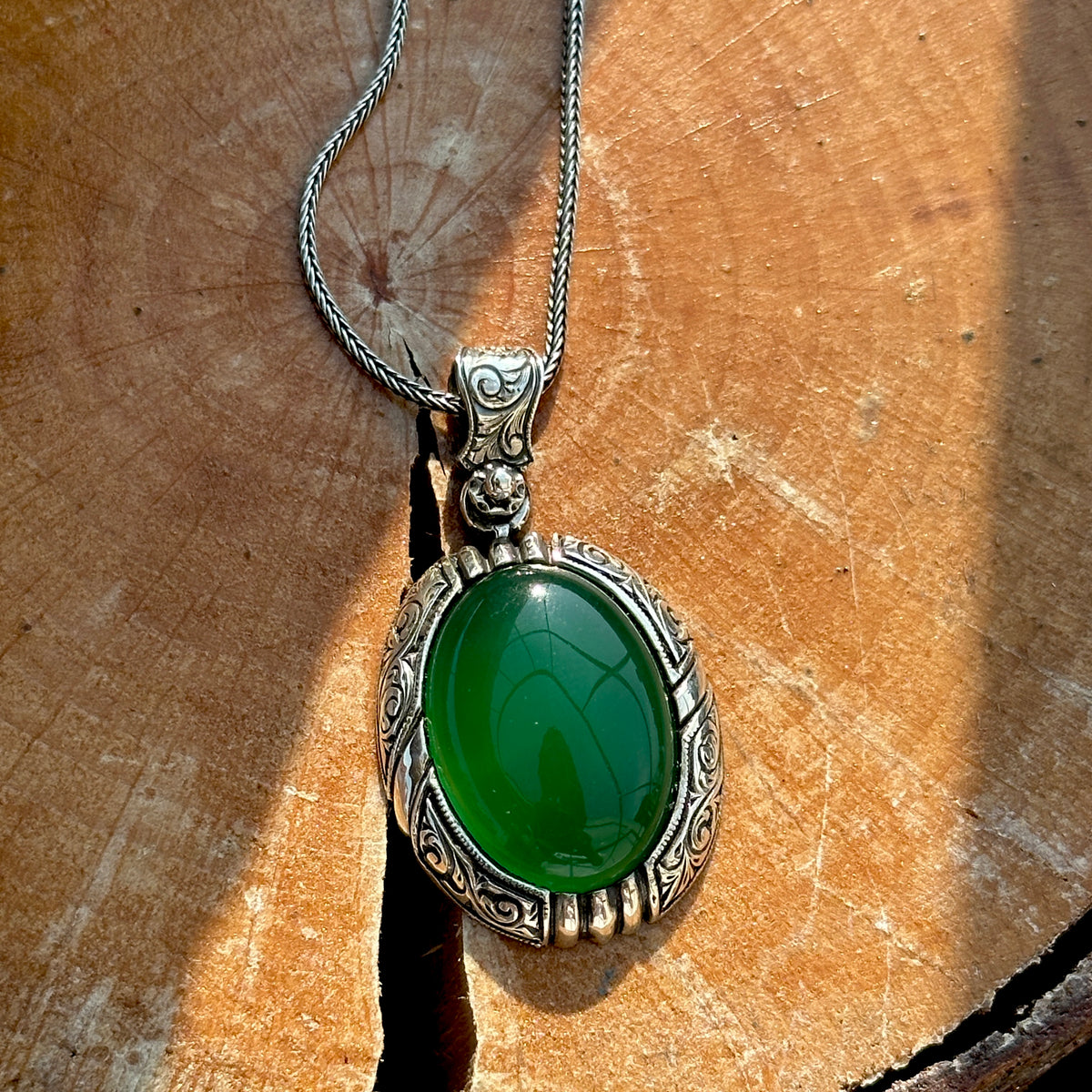 Silver Handmade Natural Green Jade Gemstone Necklace