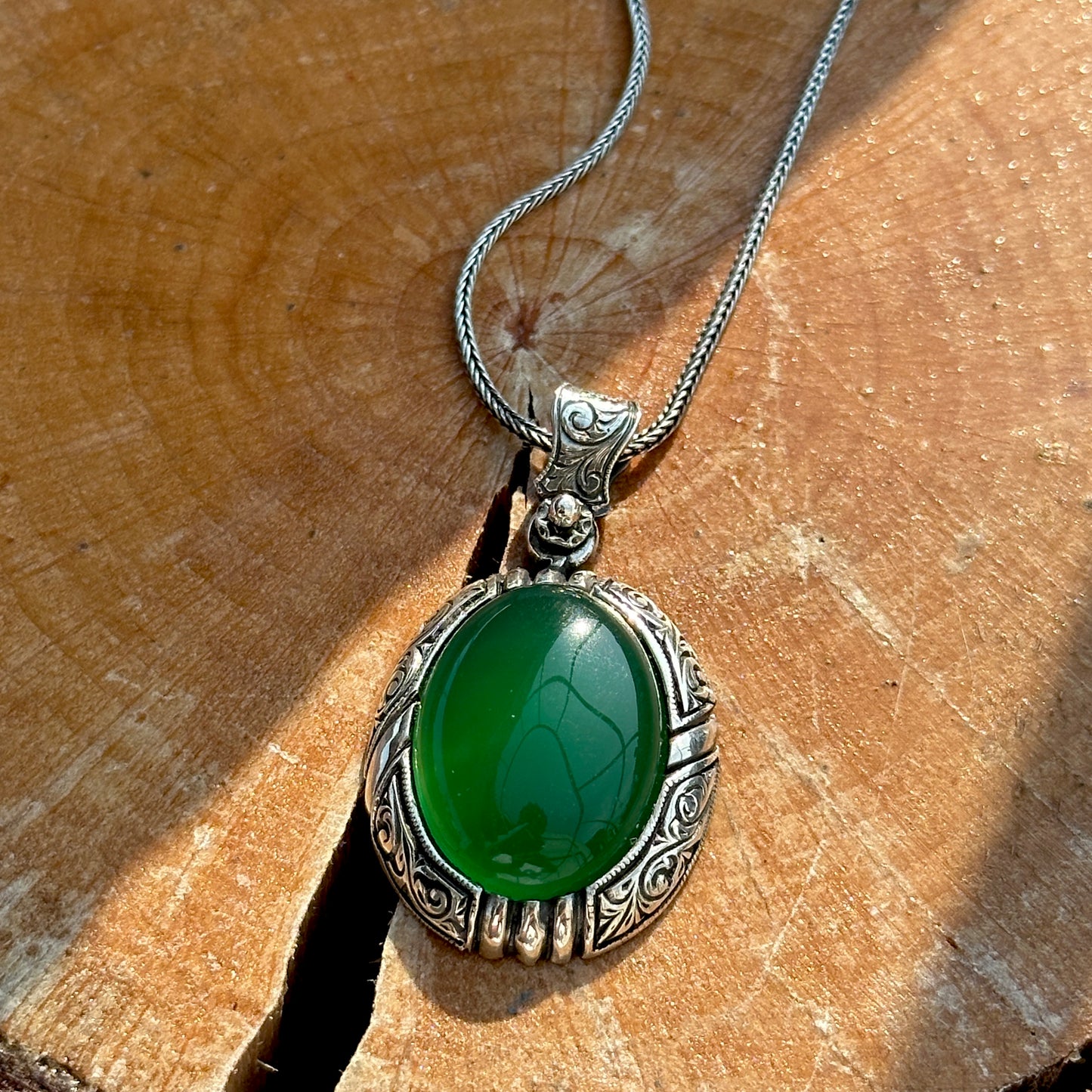 Silver Handmade Natural Green Jade Gemstone Necklace