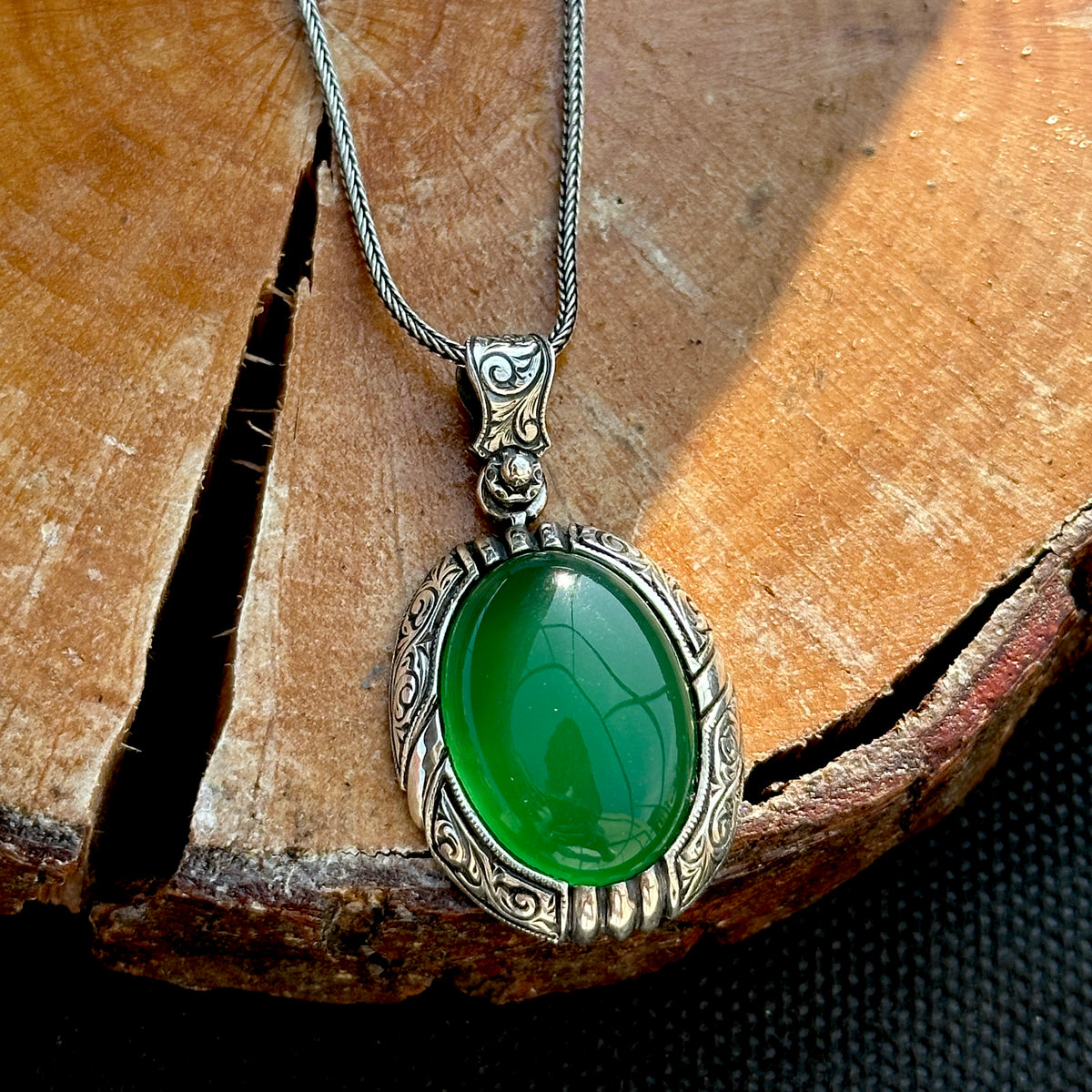 Silver Handmade Natural Green Jade Gemstone Necklace