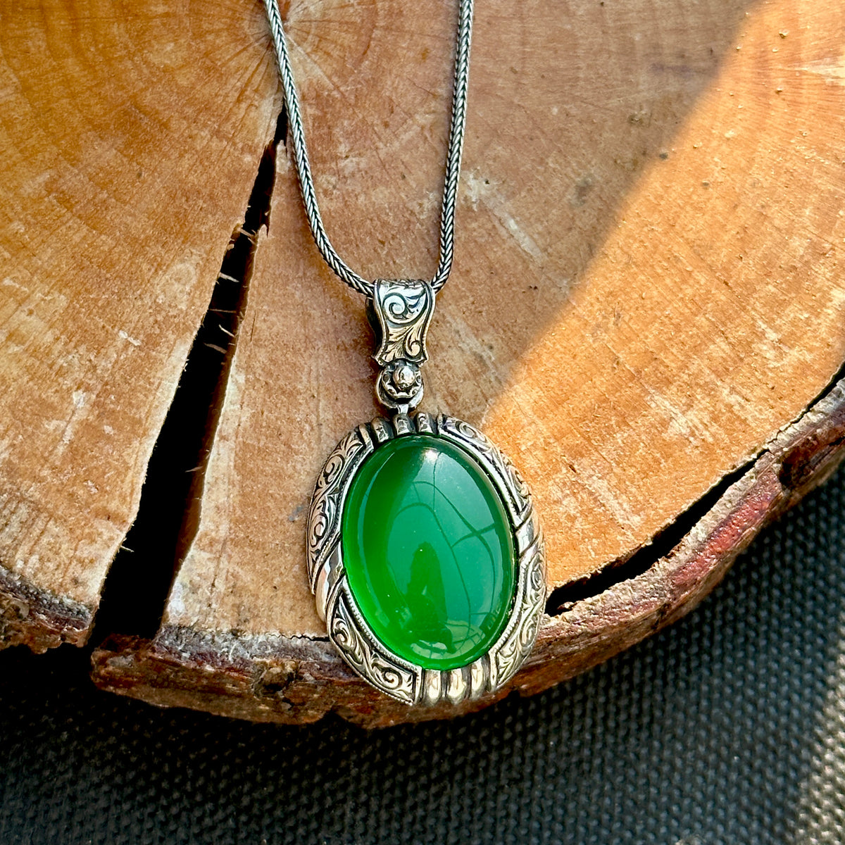 Silver Handmade Natural Green Jade Gemstone Necklace
