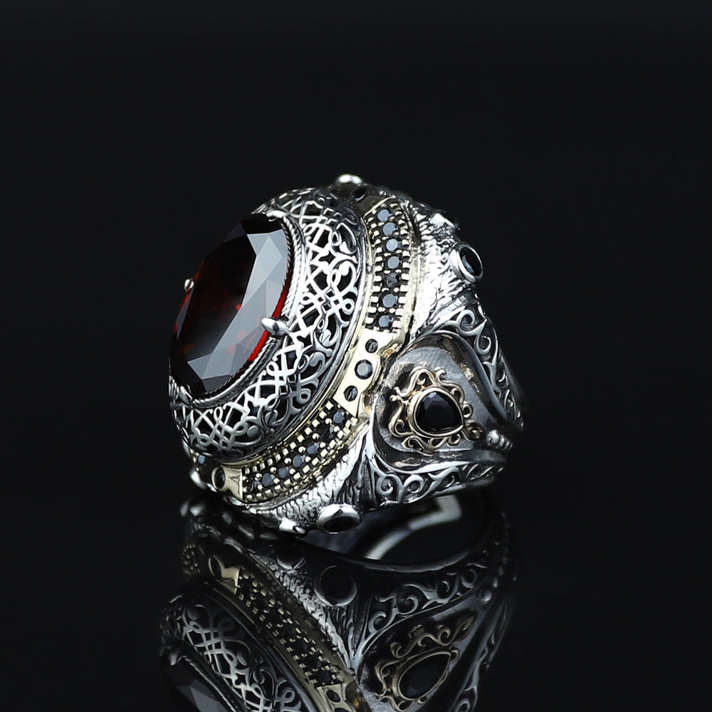 925 Sterling Silver Men Large Ruby Gemstone Ottoman Style Ring