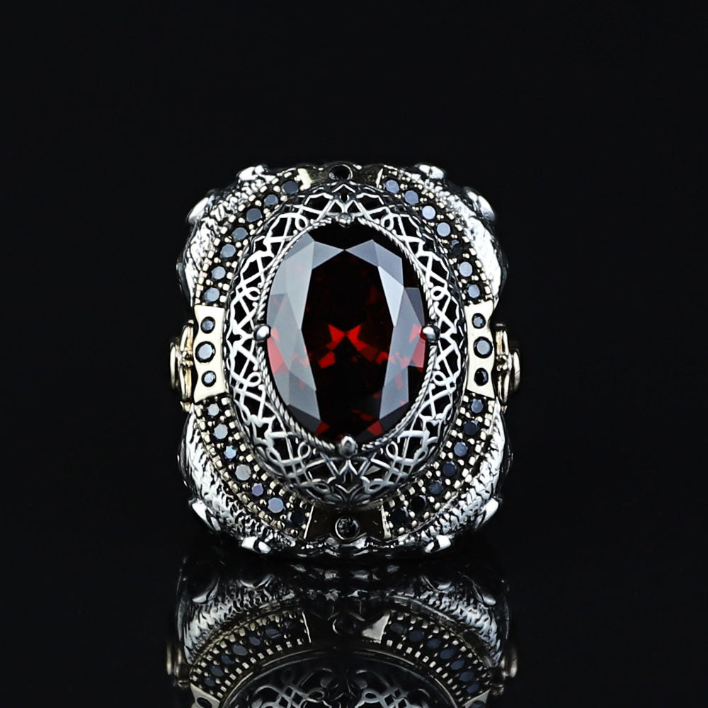 925 Sterling Silver Men Large Ruby Gemstone Ottoman Style Ring