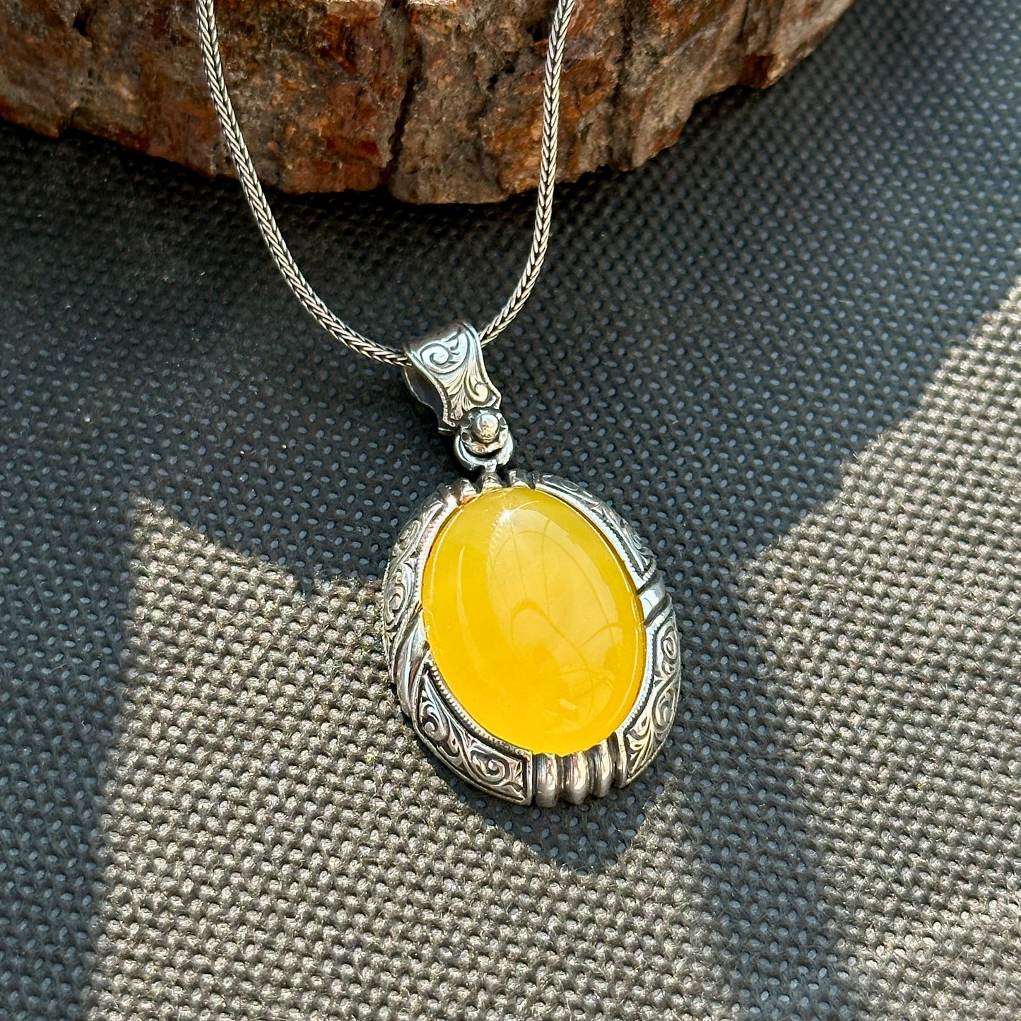 Men Silver Handmade Engraved Yellow Agate Necklace