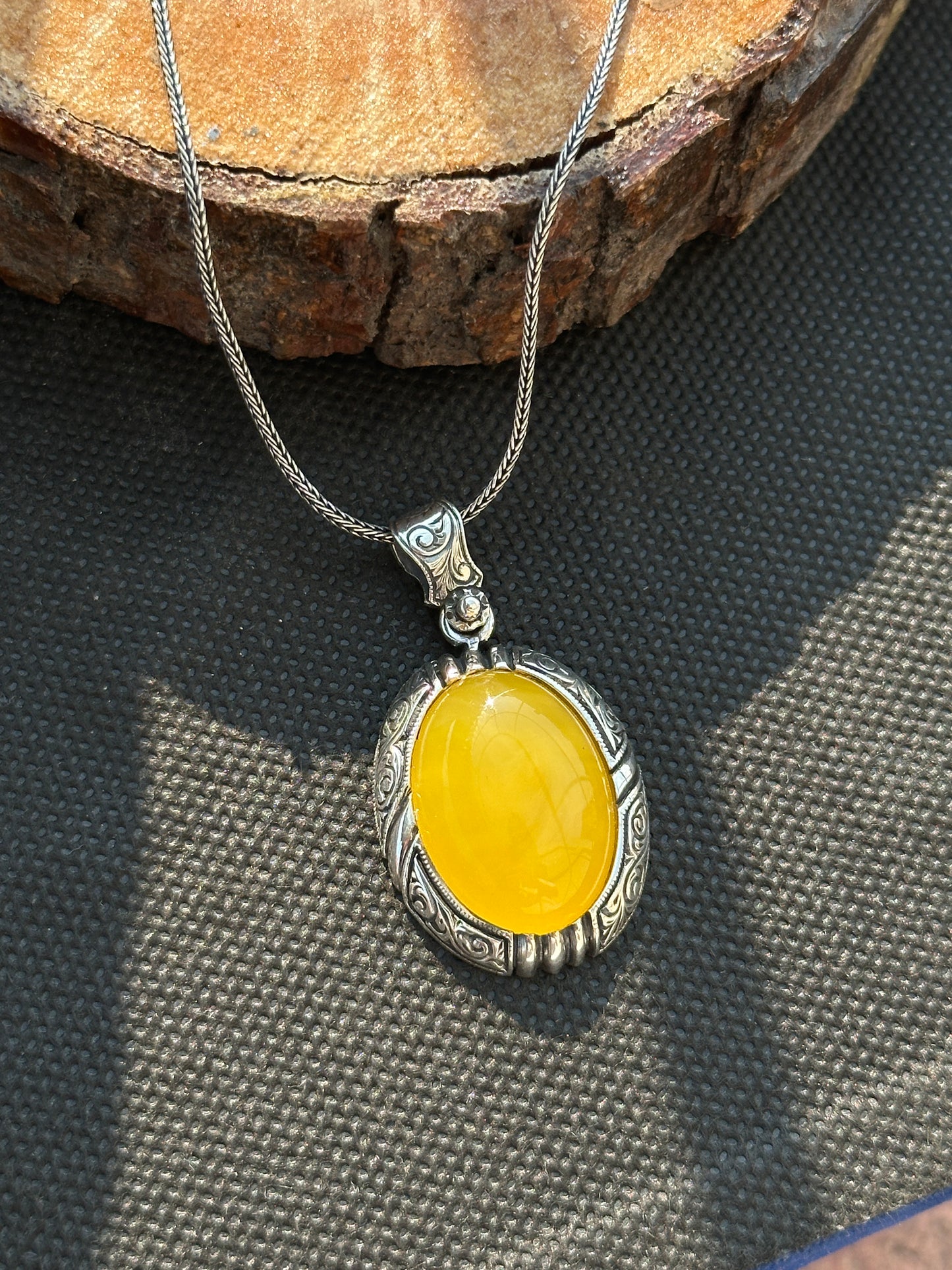 Men Silver Handmade Engraved Yellow Agate Necklace