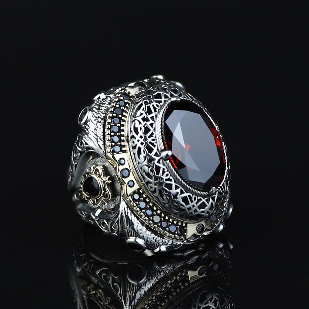 925 Sterling Silver Men Large Ruby Gemstone Ottoman Style Ring