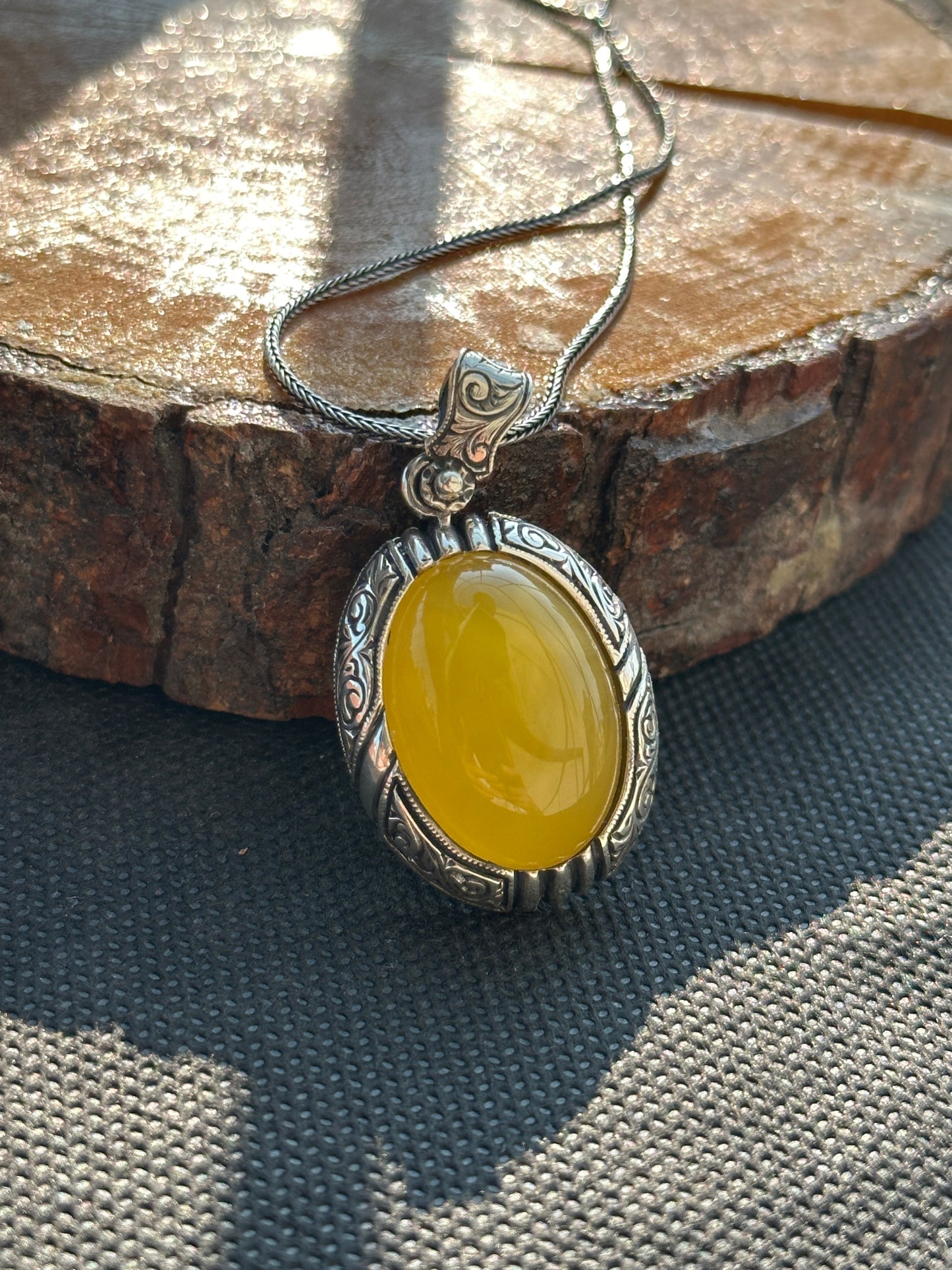 Men Silver Handmade Engraved Yellow Agate Necklace