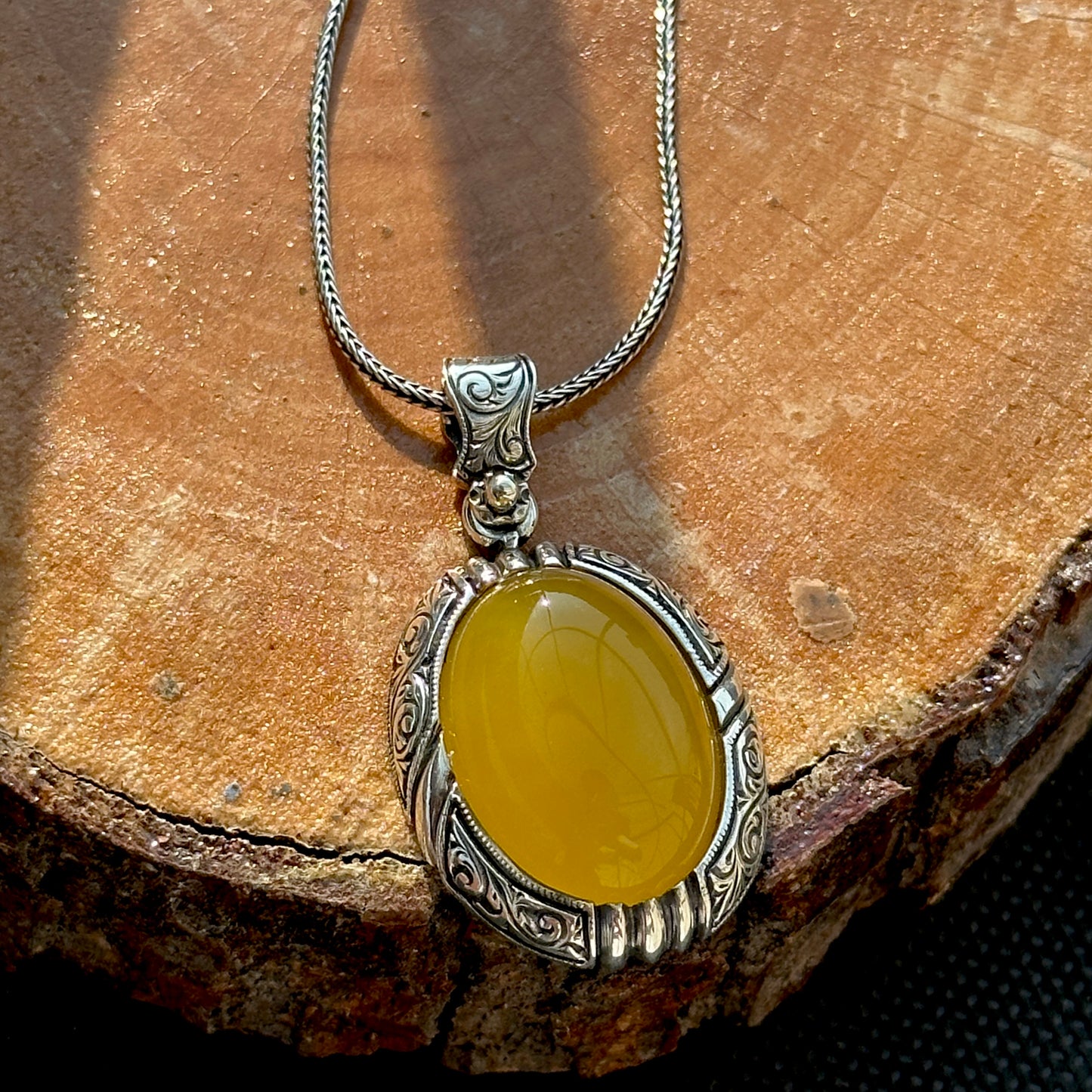 Men Silver Handmade Engraved Yellow Agate Necklace