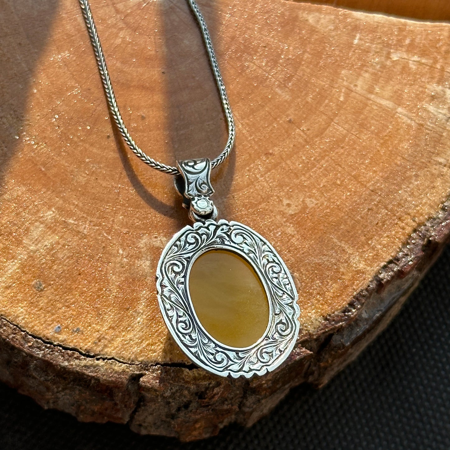 Men Silver Handmade Engraved Yellow Agate Necklace