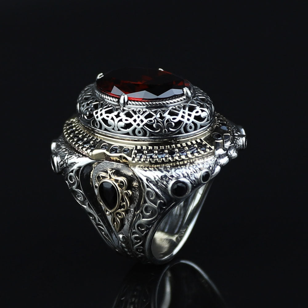 925 Sterling Silver Men Large Ruby Gemstone Ottoman Style Ring