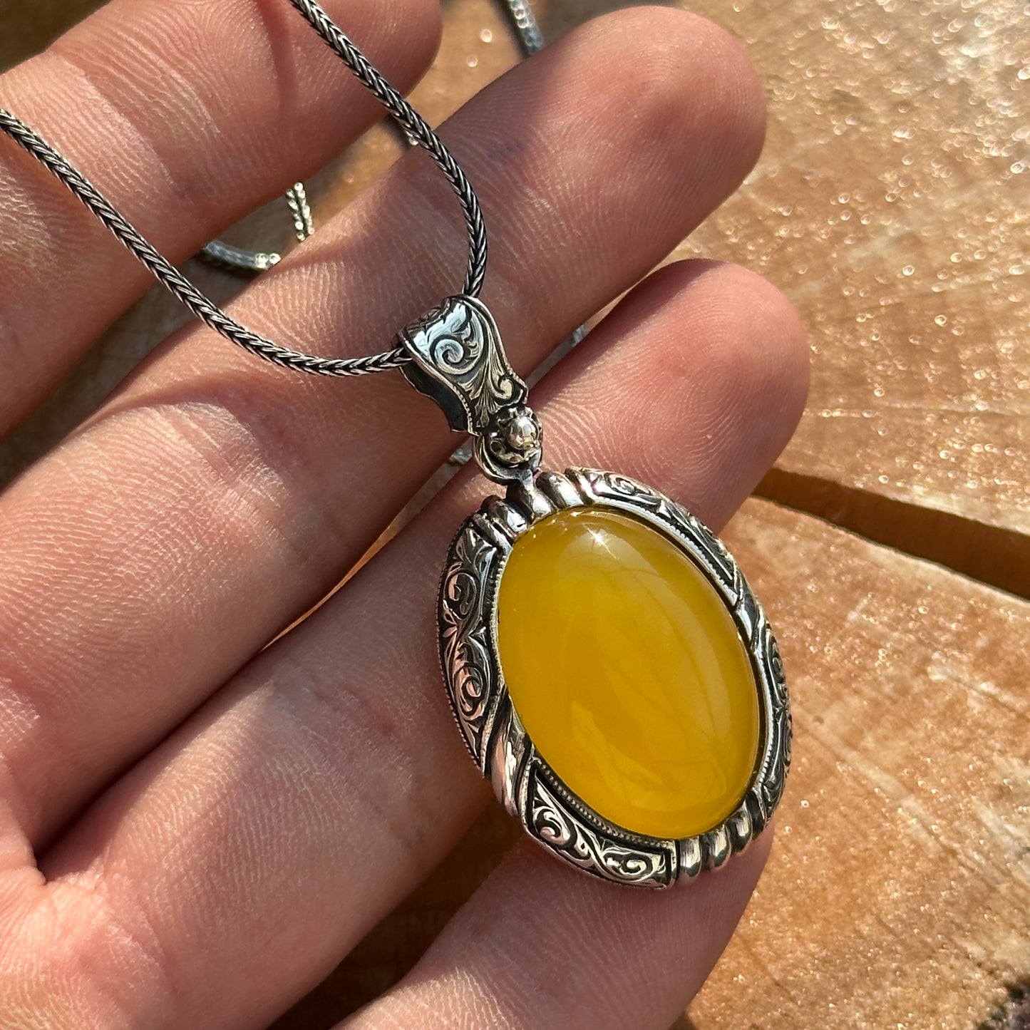 Men Silver Handmade Engraved Yellow Agate Necklace