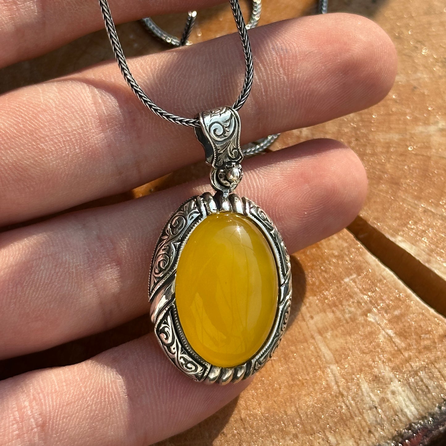 Men Silver Handmade Engraved Yellow Agate Necklace