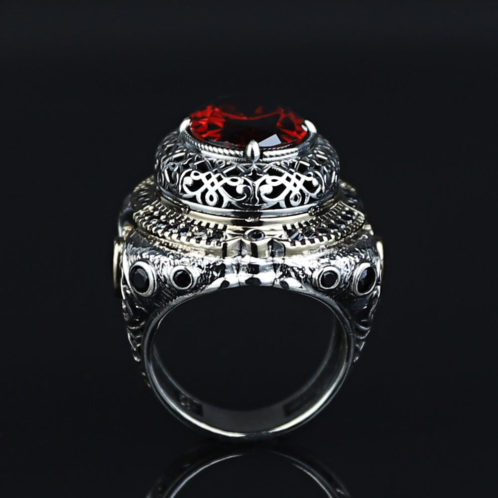 925 Sterling Silver Men Large Ruby Gemstone Ottoman Style Ring
