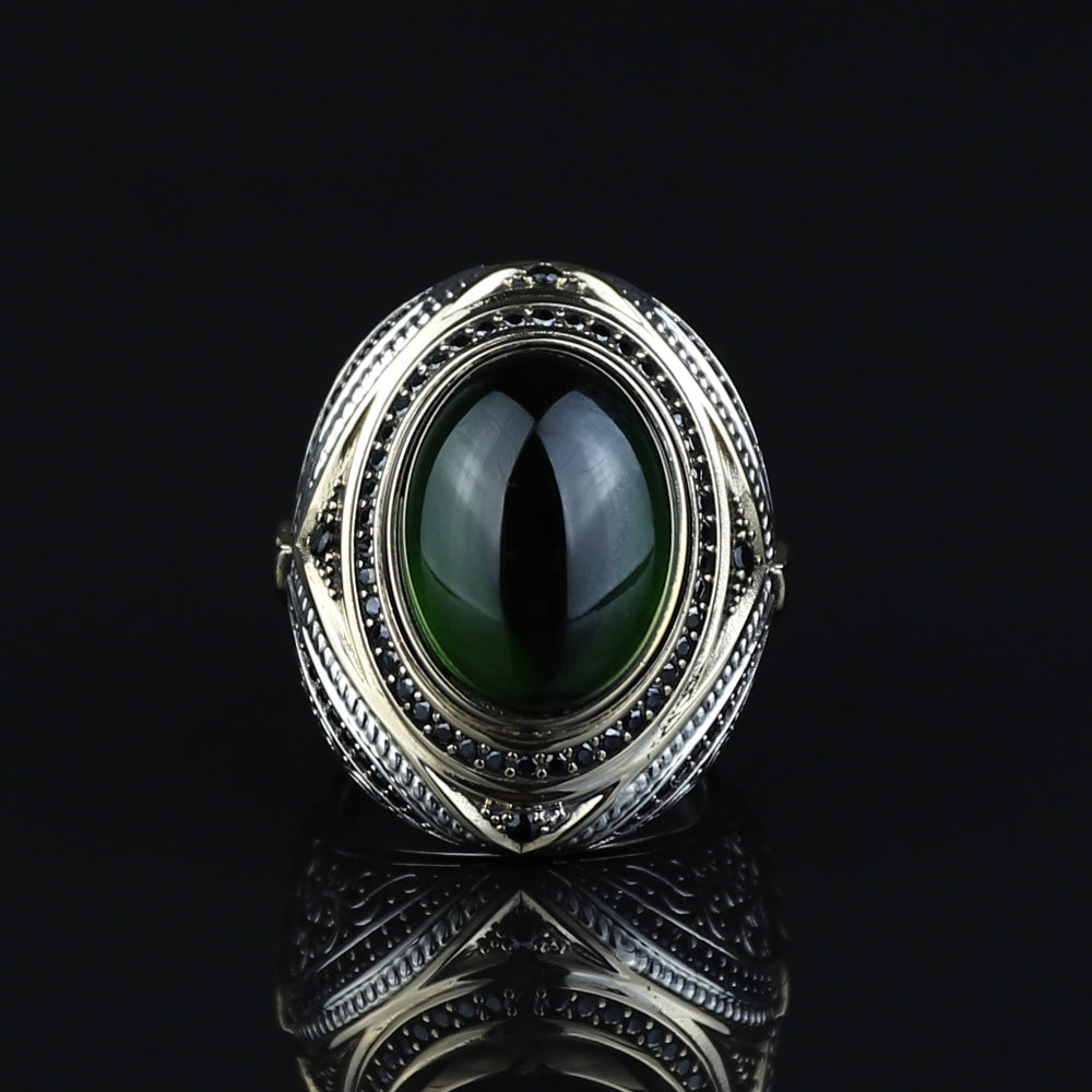 925 Men Silver Green Emerald Stone Ottoman Style Handmade Ring
