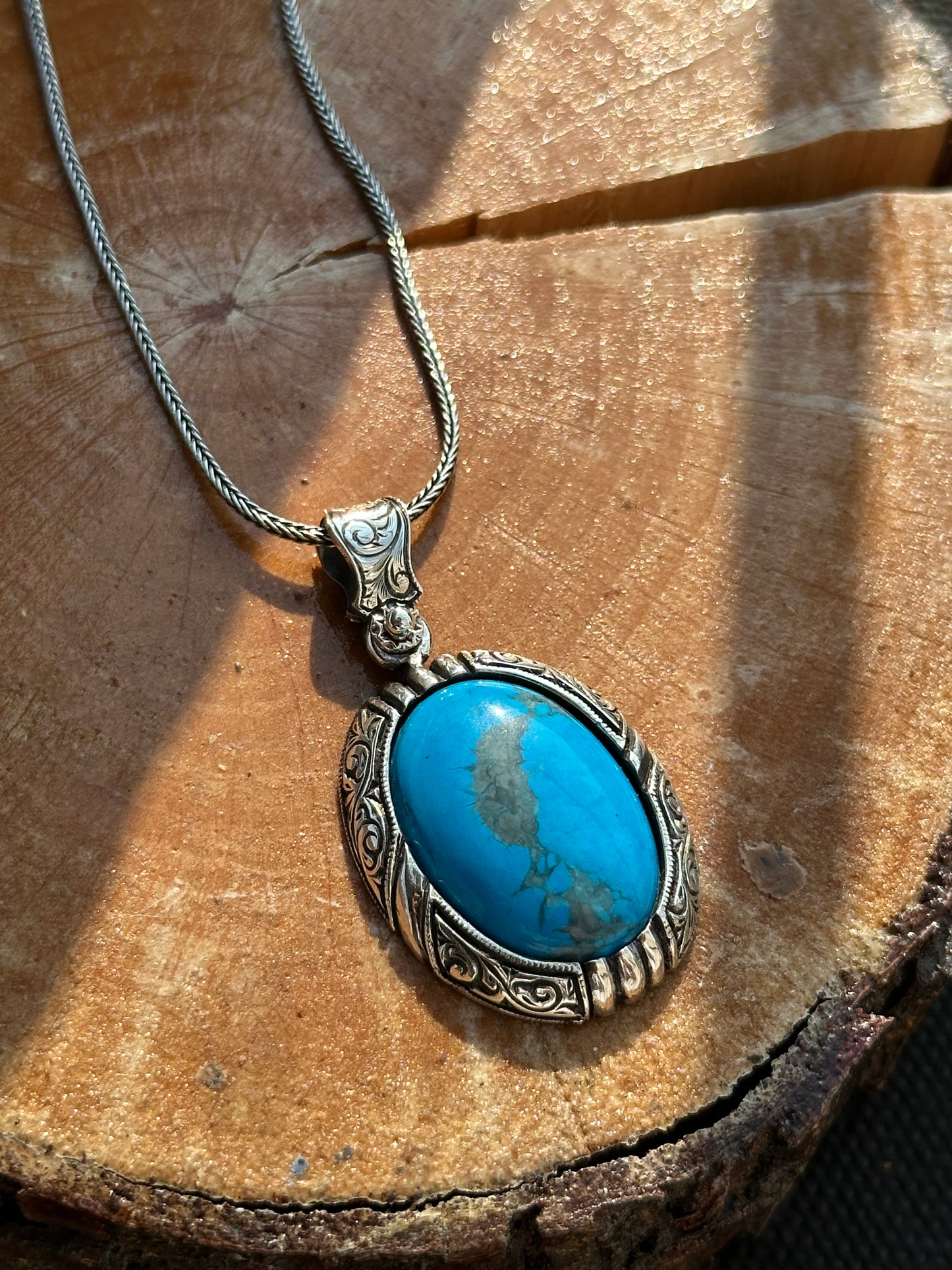 Silver Handmade Engraved Natural Turquoise Gemstone Necklace