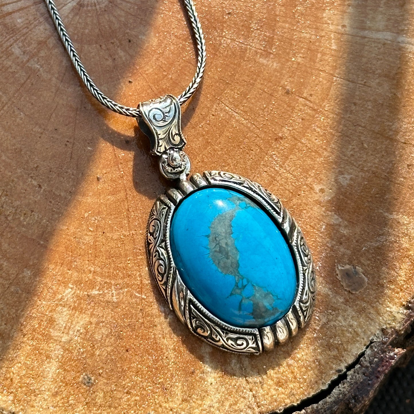 Silver Handmade Engraved Natural Turquoise Gemstone Necklace