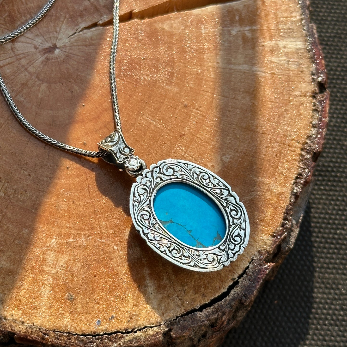 Silver Handmade Engraved Natural Turquoise Gemstone Necklace