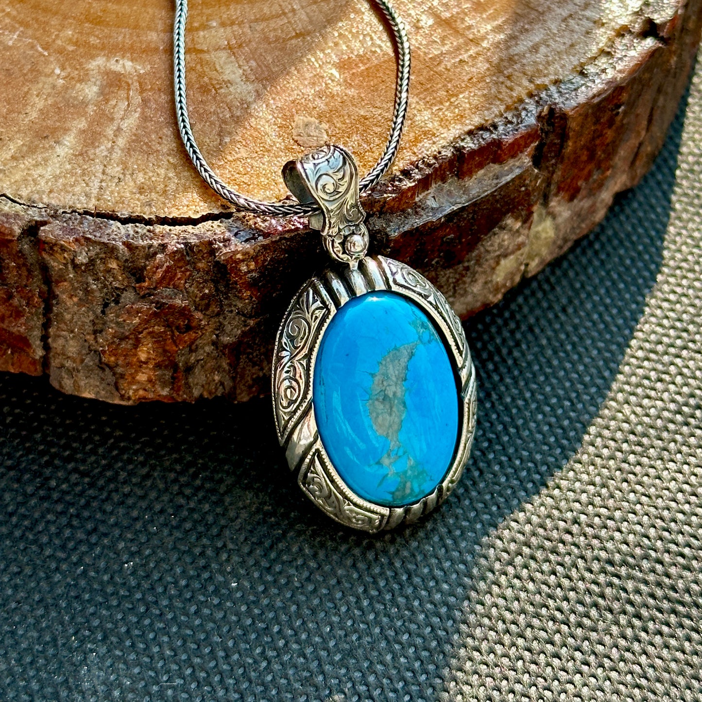 Silver Handmade Engraved Natural Turquoise Gemstone Necklace