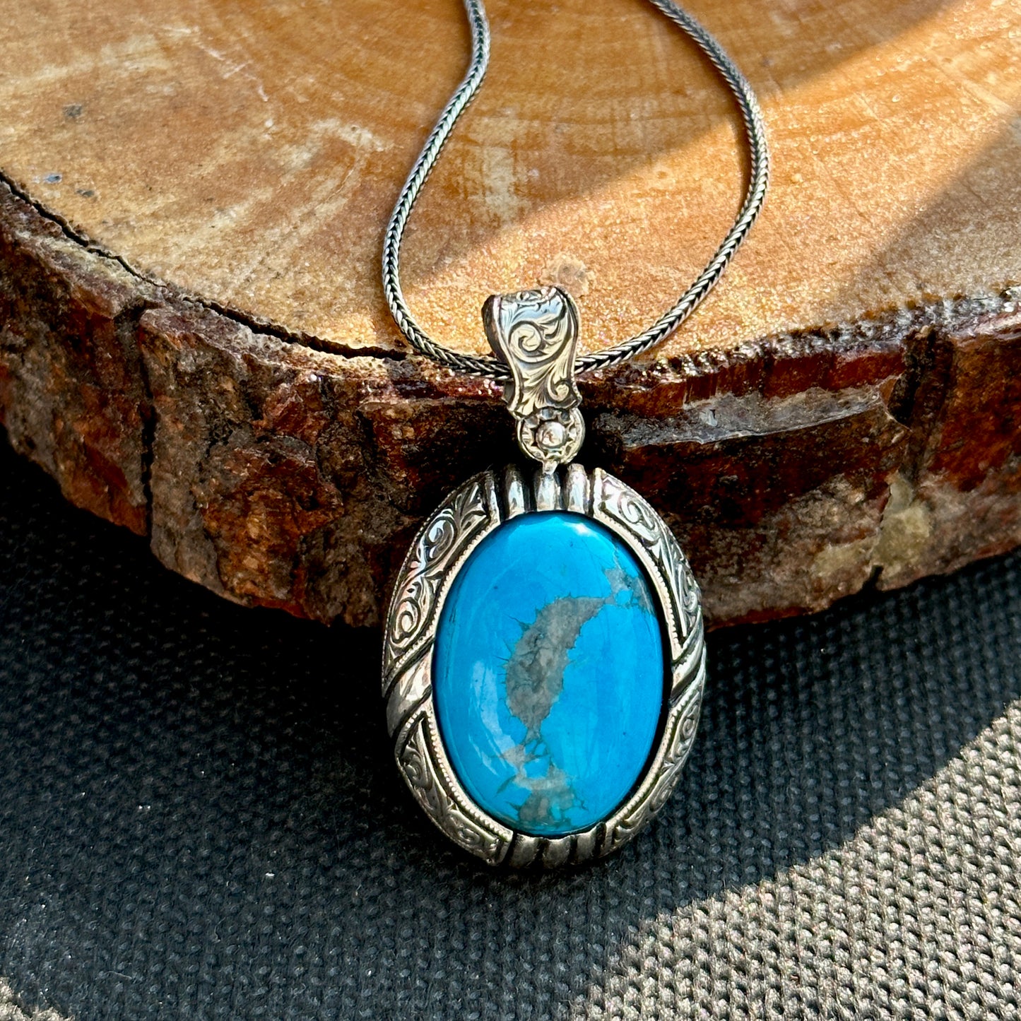 Silver Handmade Engraved Natural Turquoise Gemstone Necklace