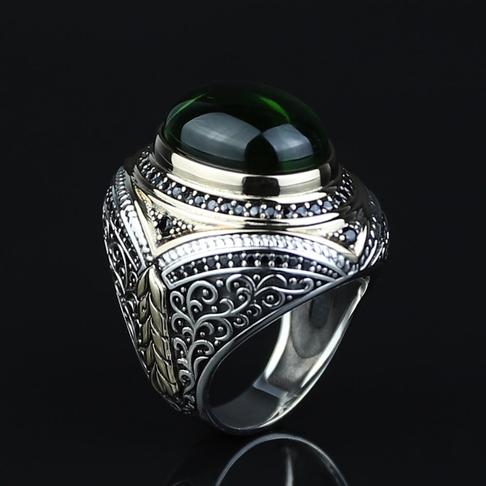 925 Men Silver Green Emerald Stone Ottoman Style Handmade Ring