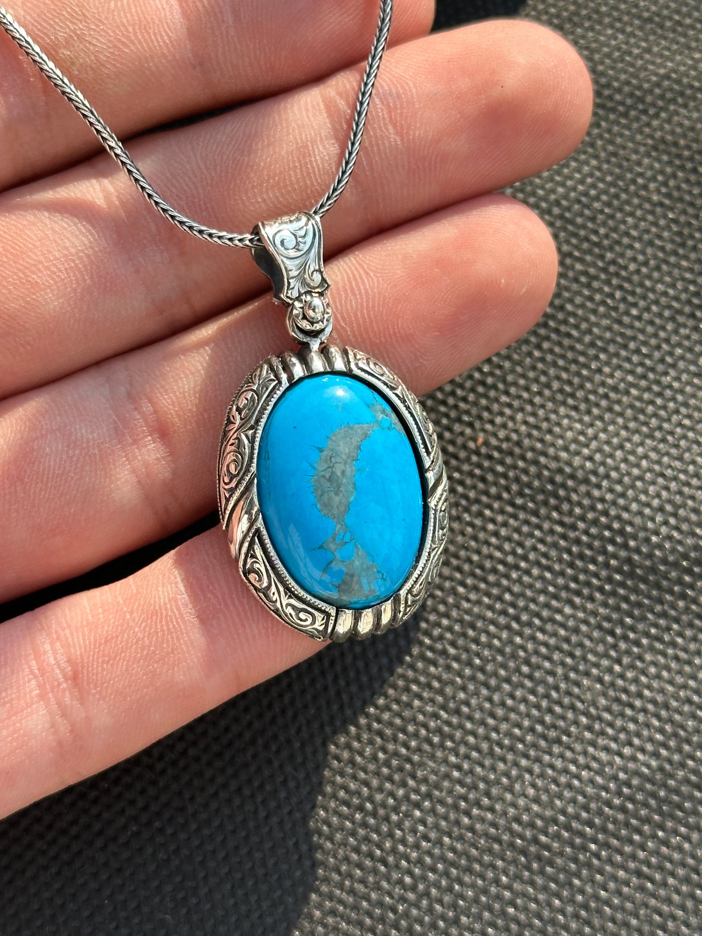 Silver Handmade Engraved Natural Turquoise Gemstone Necklace