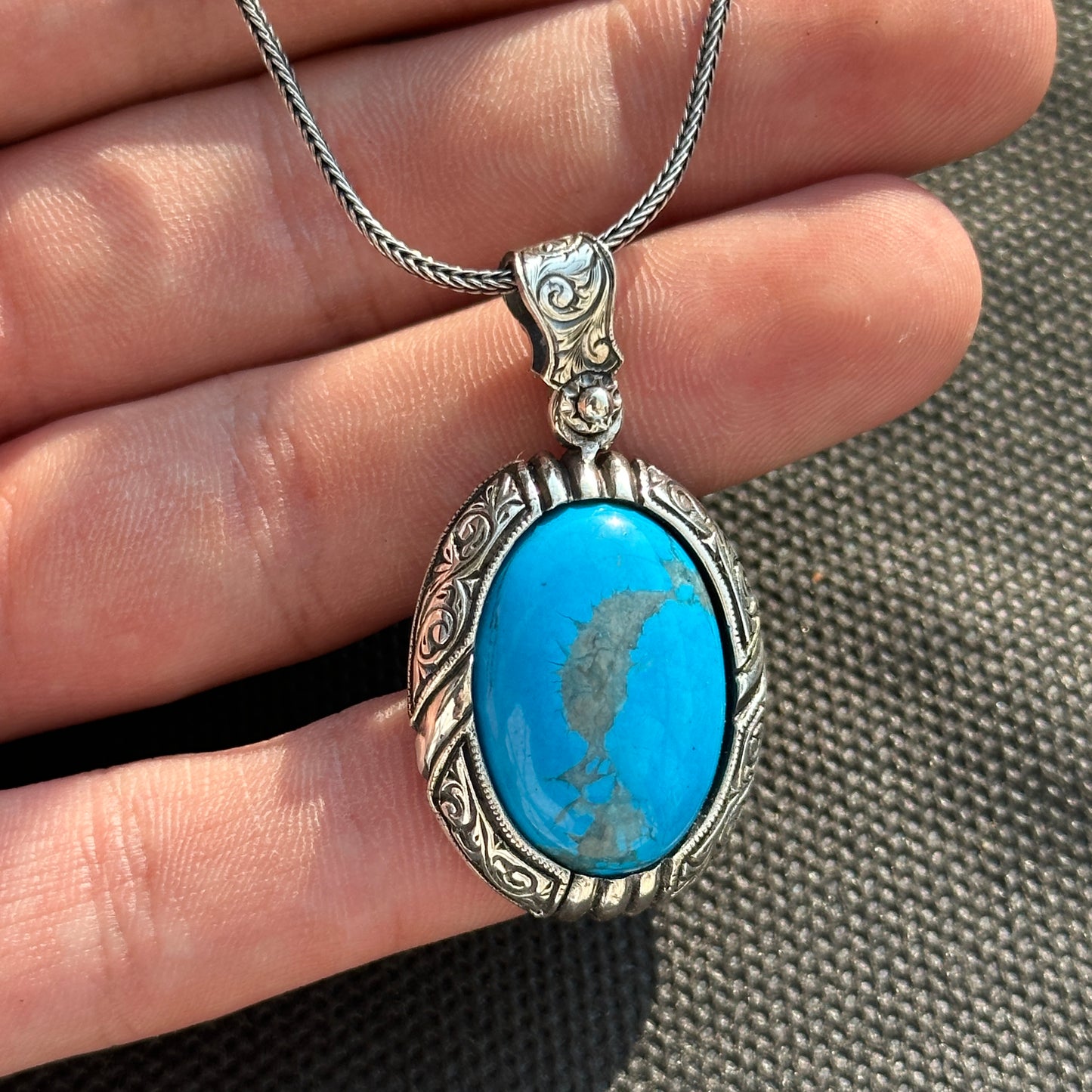 Silver Handmade Engraved Natural Turquoise Gemstone Necklace